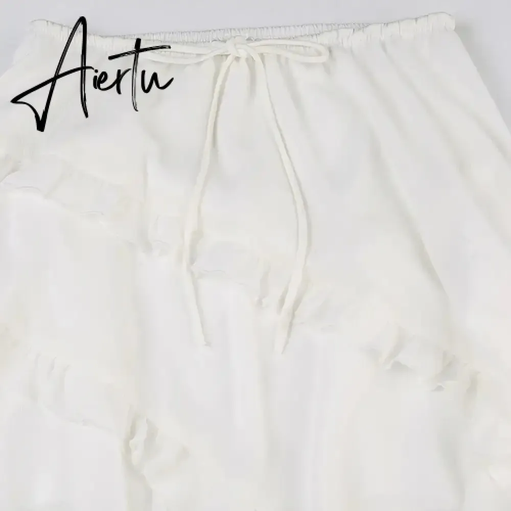 Aiertu  Holiday Solid Ruffles Split Skirts Beach Style High Waisted Drawstring Maxi Skirts Women  Summer Fashion Ladies