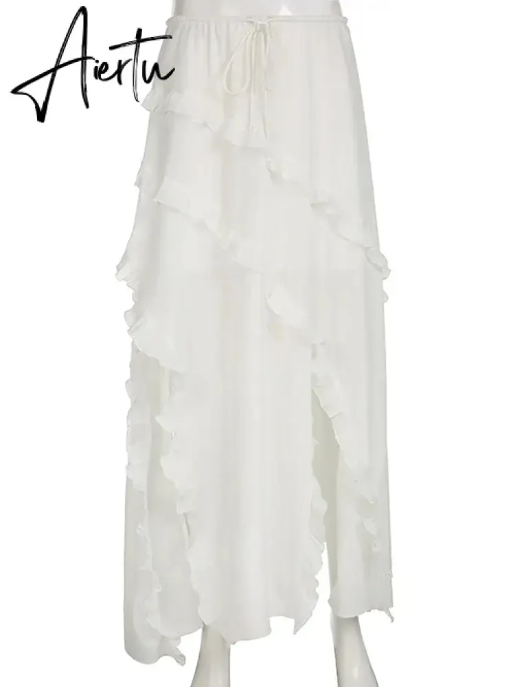 Aiertu  Holiday Solid Ruffles Split Skirts Beach Style High Waisted Drawstring Maxi Skirts Women  Summer Fashion Ladies
