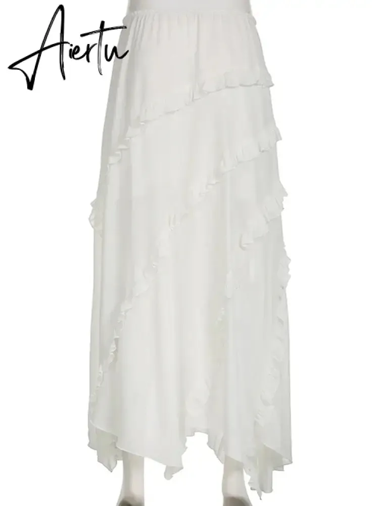 Aiertu  Holiday Solid Ruffles Split Skirts Beach Style High Waisted Drawstring Maxi Skirts Women  Summer Fashion Ladies