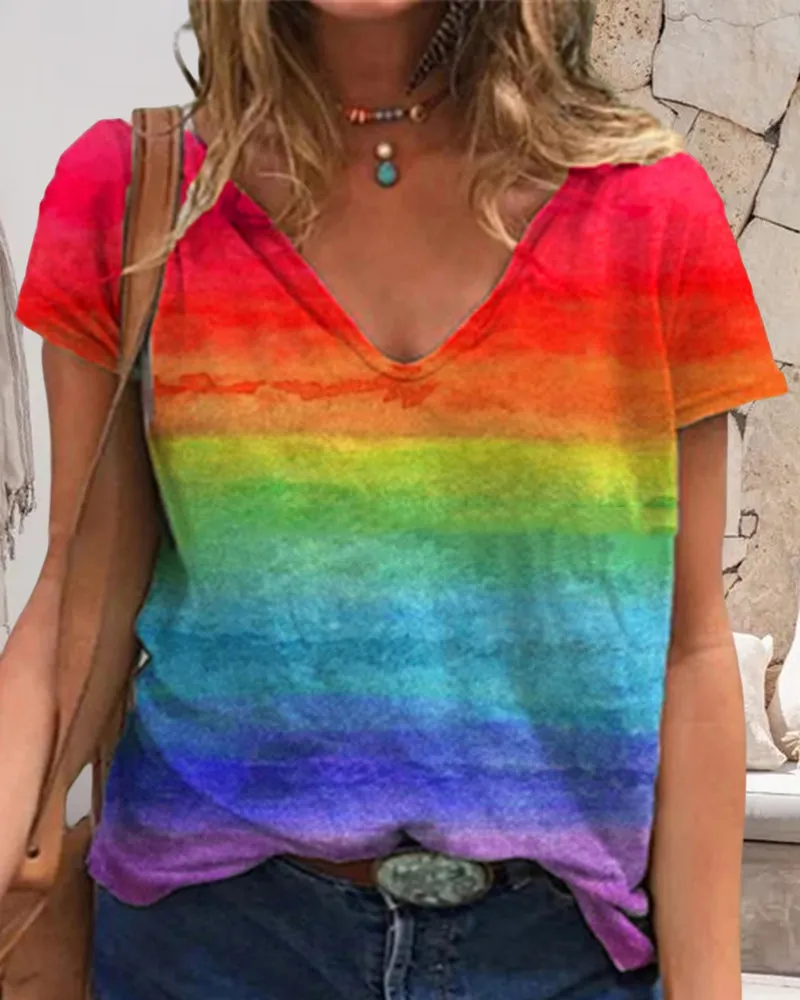 BerryBetty - Casual v-neck rainbow print short-sleeved t-shirt