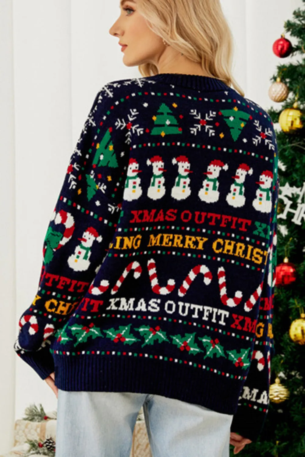 Black Cheerful Christmas Drop Shoulder Sweater