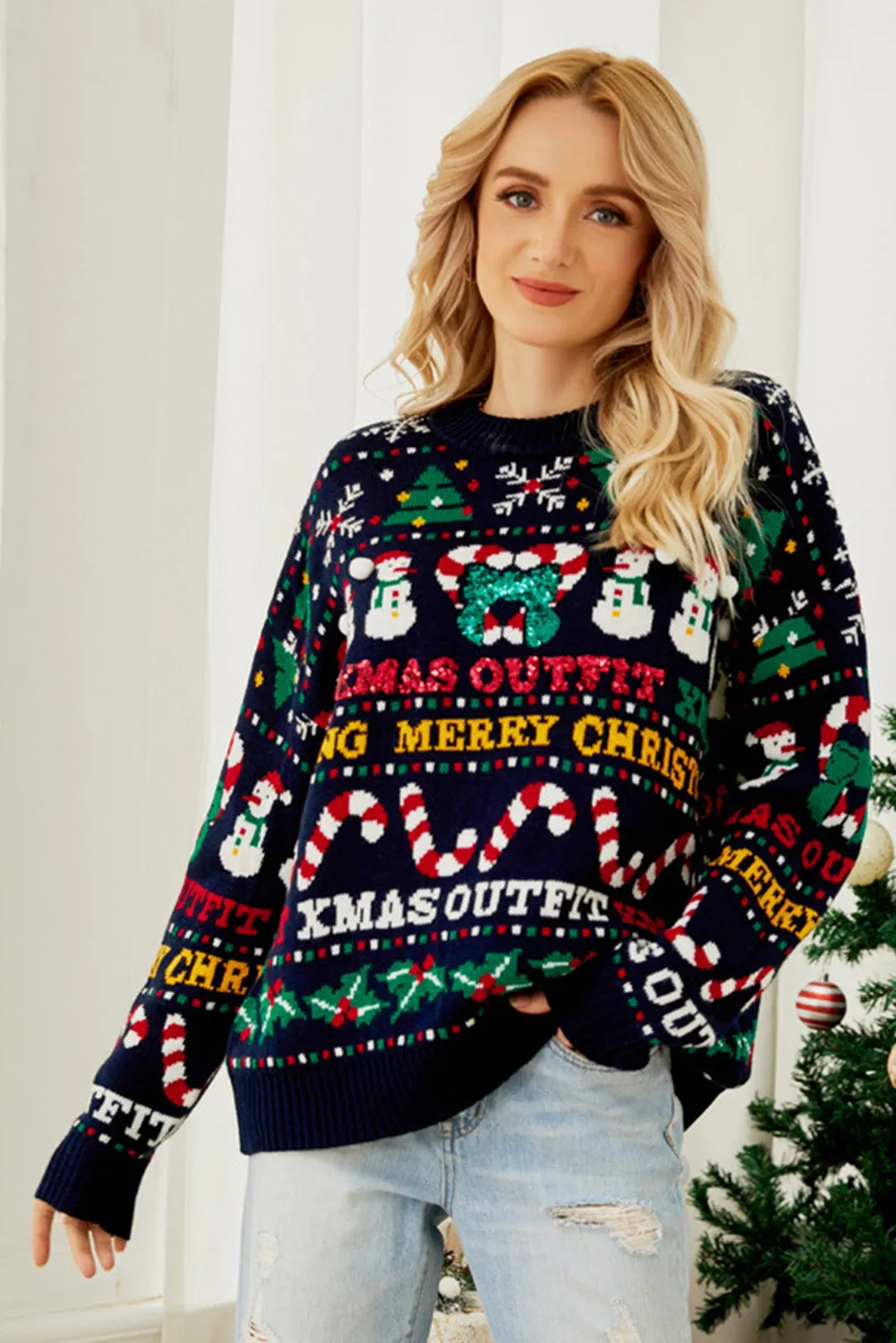 Black Cheerful Christmas Drop Shoulder Sweater