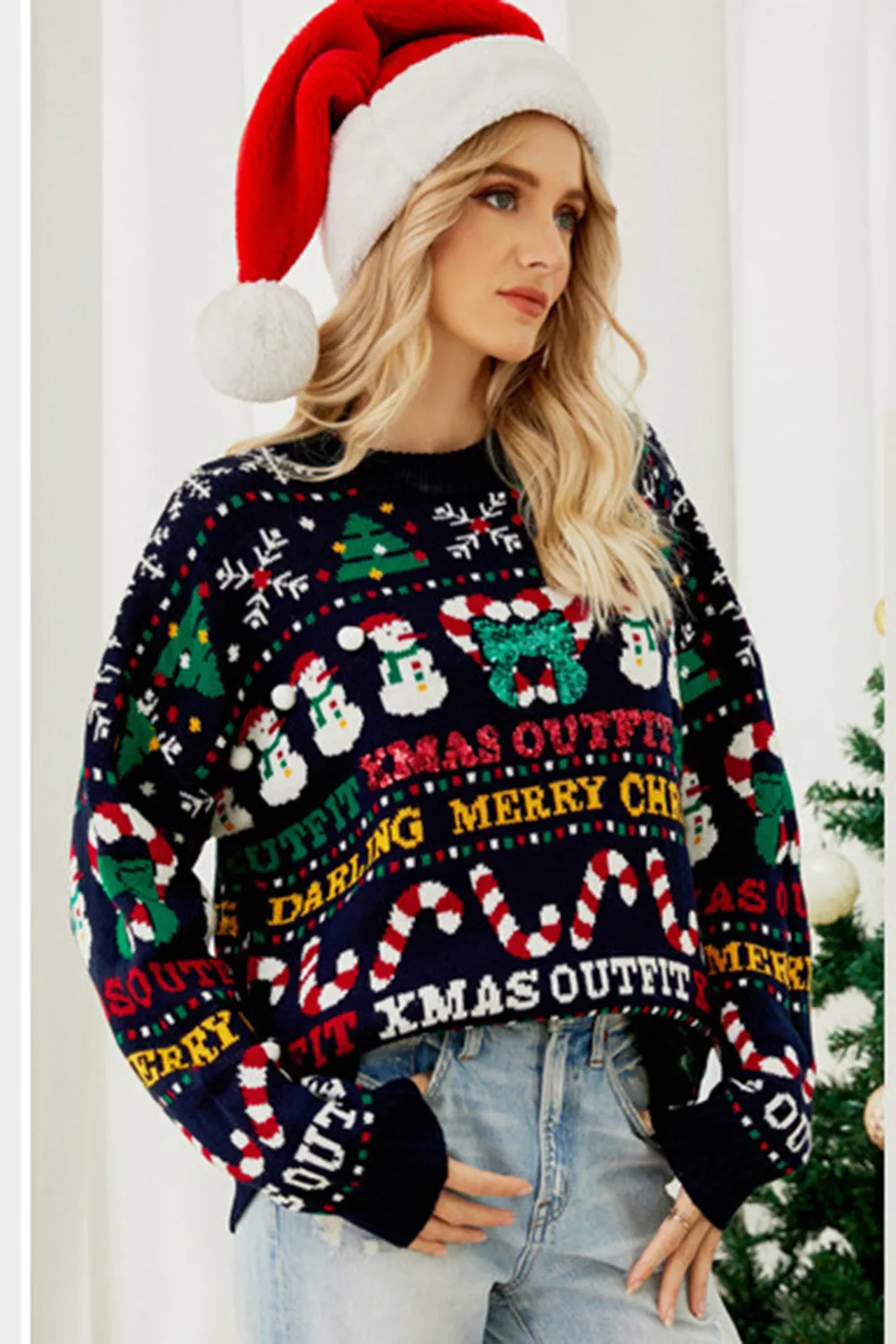 Black Cheerful Christmas Drop Shoulder Sweater