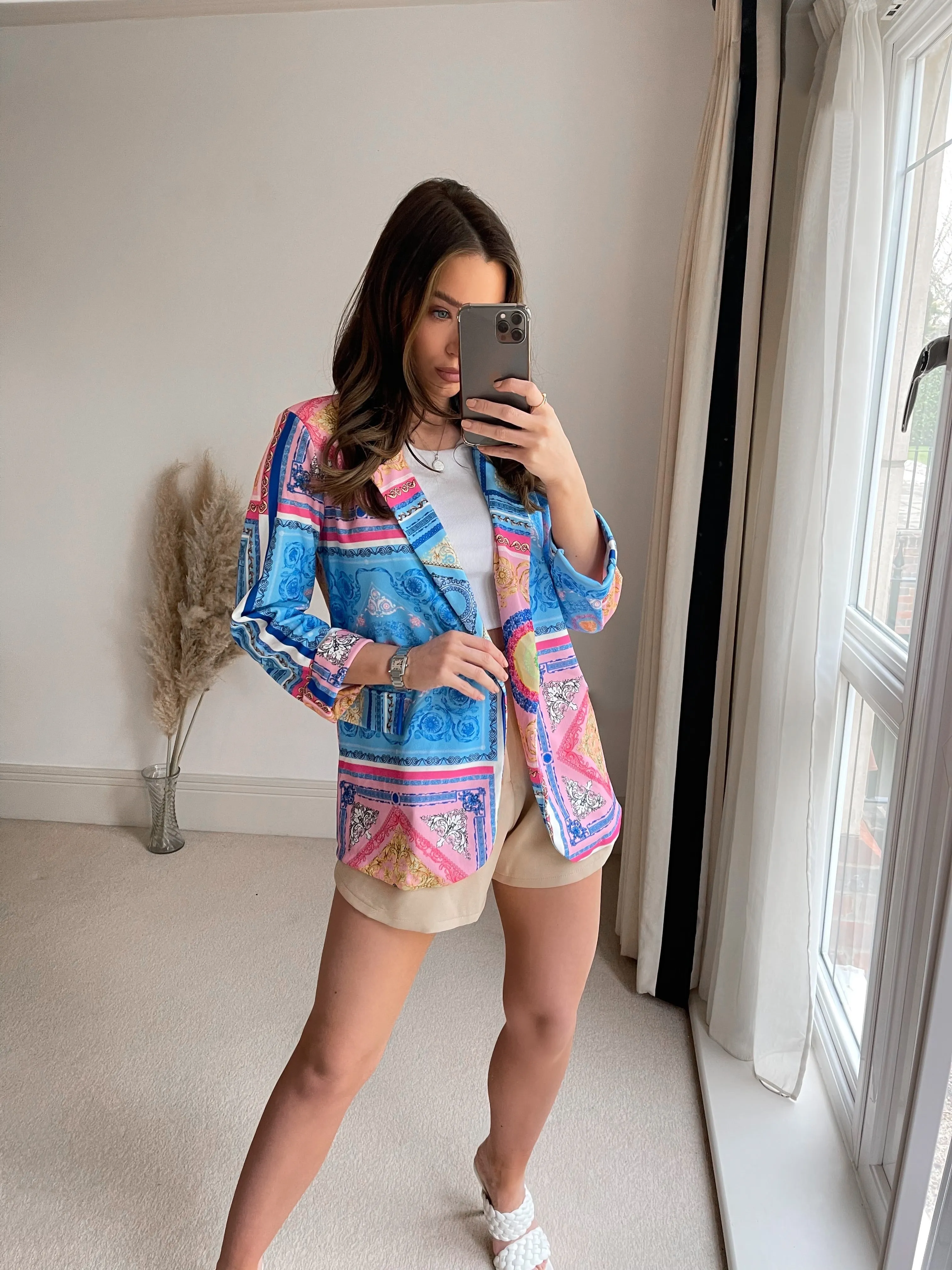 Blue and Pink Scarf Print Blazer