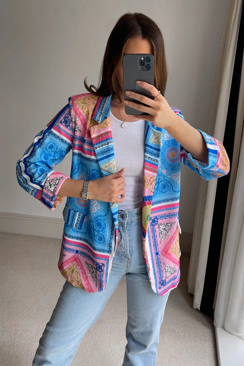 Blue and Pink Scarf Print Blazer