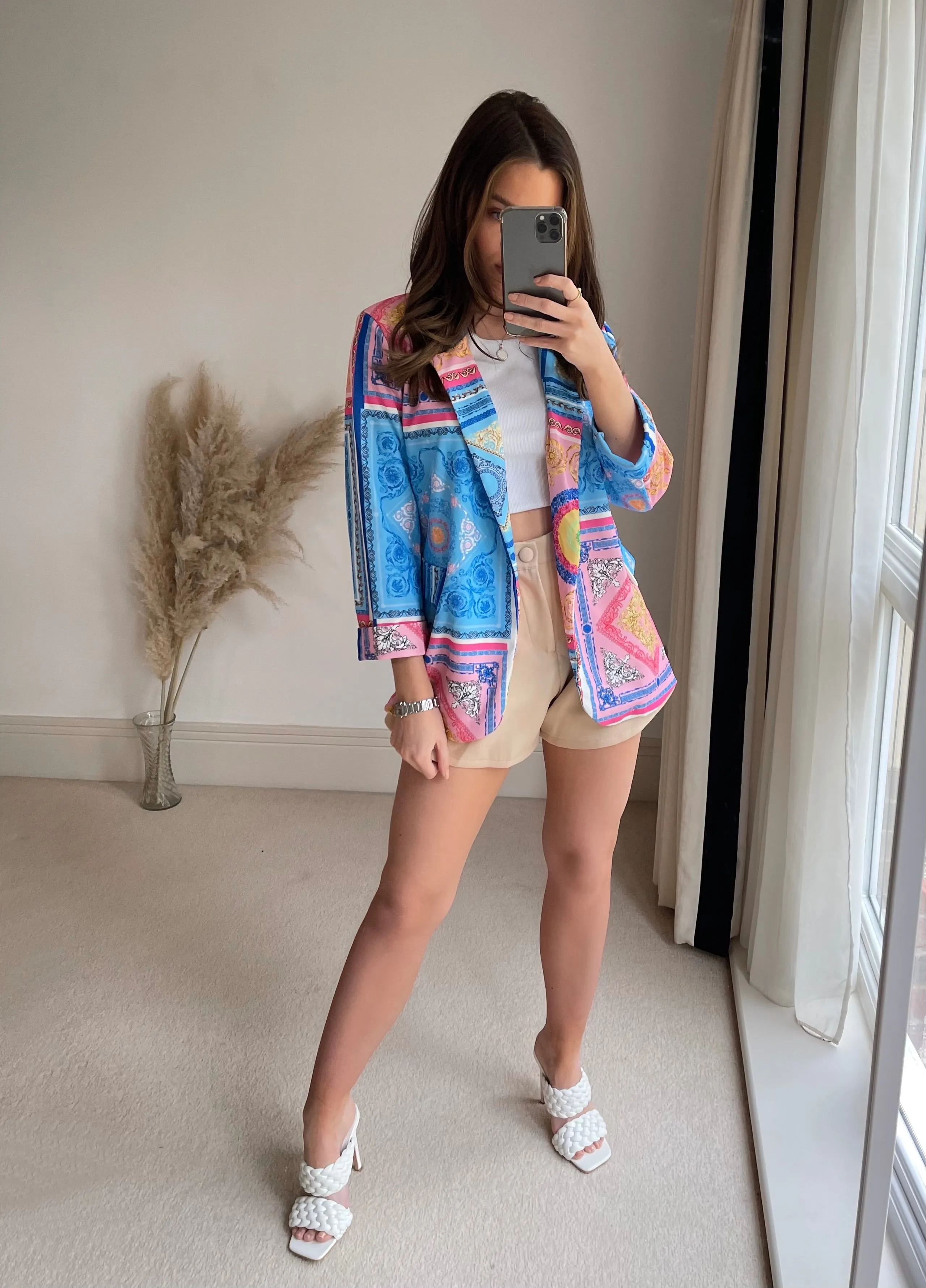 Blue and Pink Scarf Print Blazer