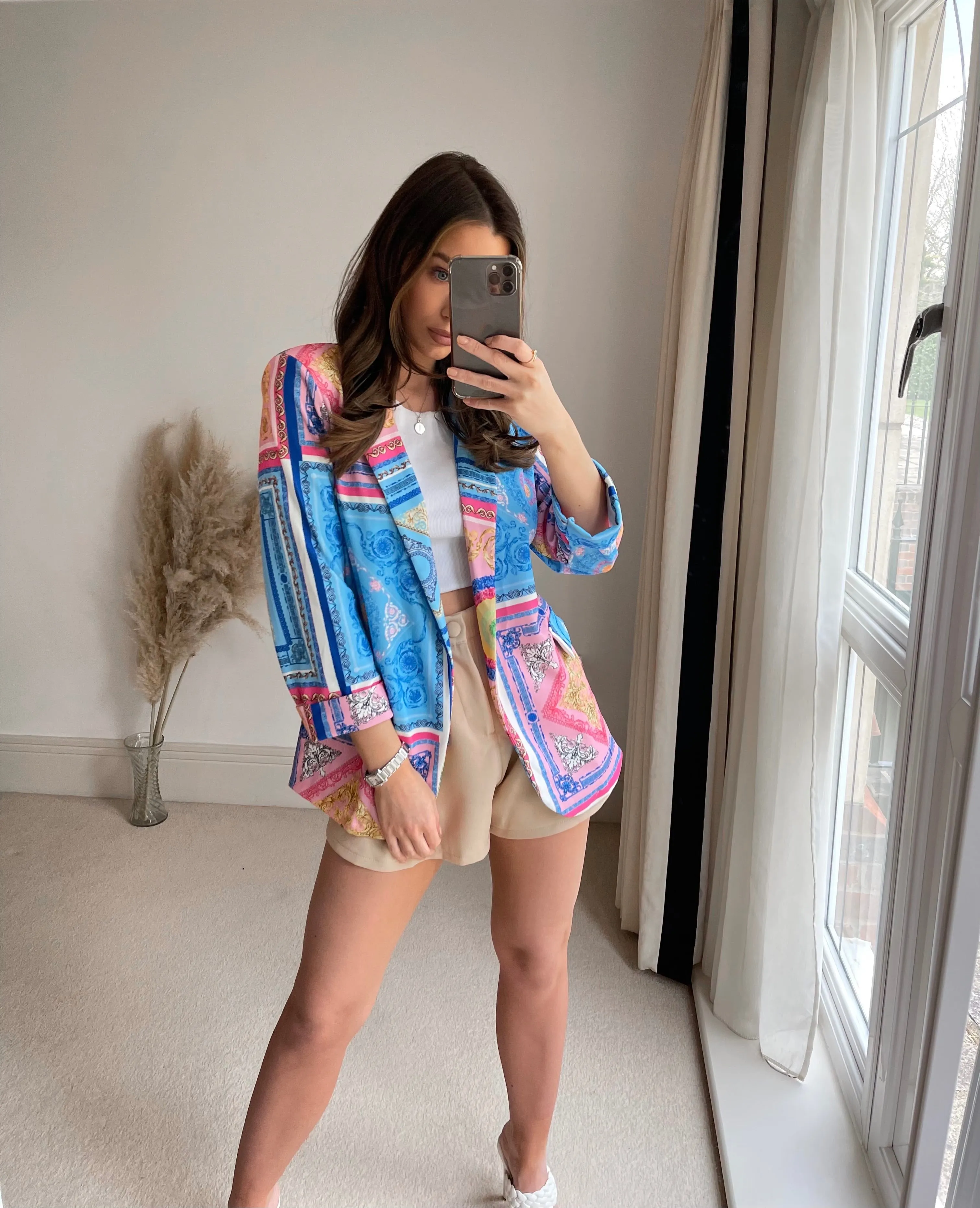 Blue and Pink Scarf Print Blazer