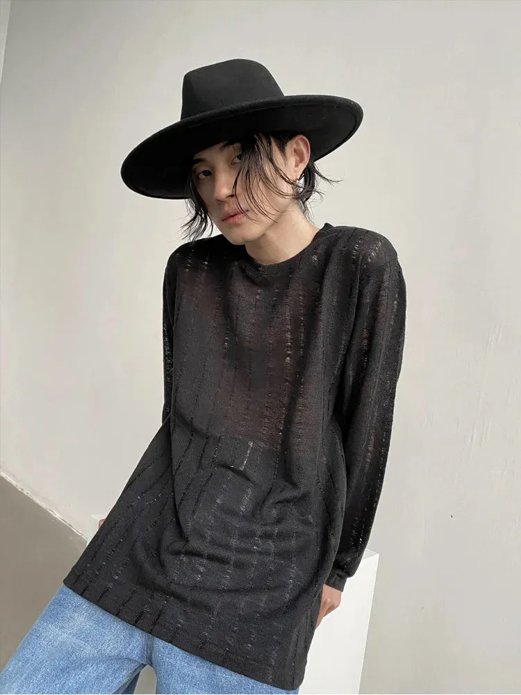 Bonsir -  Hollow Personalized Design Korean Style Men's Casual Long-sleeved T-shirt New Solid Color Loose Top 2A1821