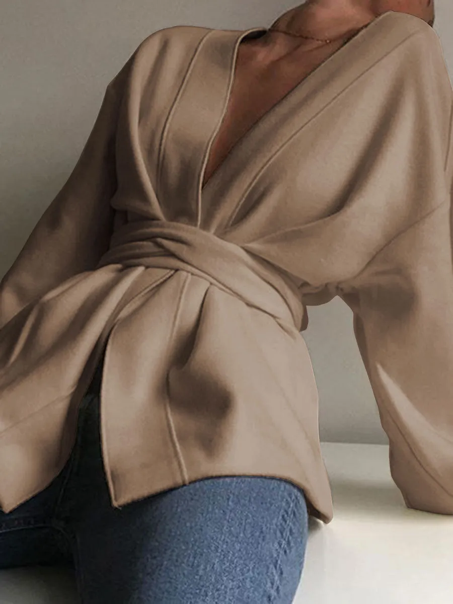 Fashion Casual V-neck Solid Color Long-sleeved Top