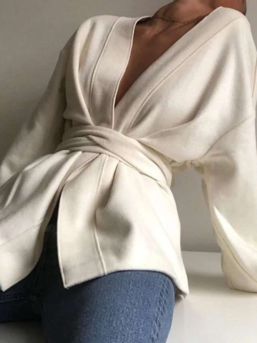 Fashion Casual V-neck Solid Color Long-sleeved Top