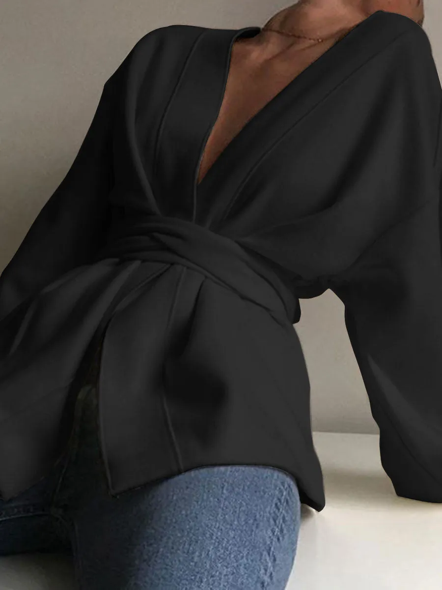 Fashion Casual V-neck Solid Color Long-sleeved Top