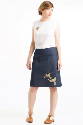 Panel Skirt 2 Birds Indigo