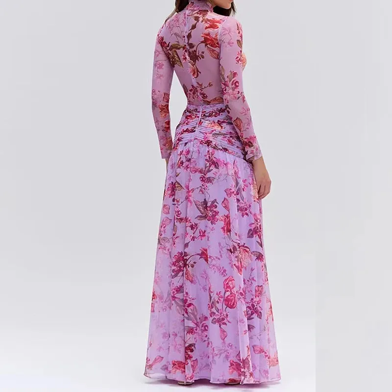 UAKISS  -  2024 New Casual Split Bohemian Dress Elegant O Neck Floral Print Long Robe Dress Spring Autumn Long Sleeved Pleated Party Dress