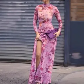 UAKISS  -  2024 New Casual Split Bohemian Dress Elegant O Neck Floral Print Long Robe Dress Spring Autumn Long Sleeved Pleated Party Dress