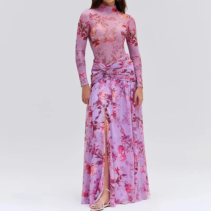 UAKISS  -  2024 New Casual Split Bohemian Dress Elegant O Neck Floral Print Long Robe Dress Spring Autumn Long Sleeved Pleated Party Dress