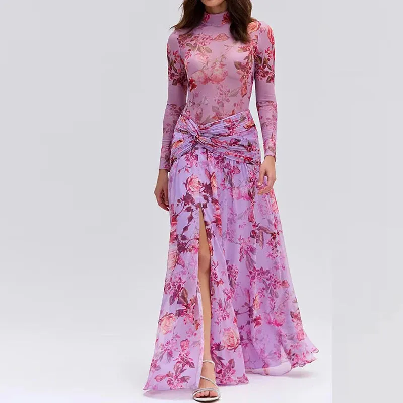 UAKISS  -  2024 New Casual Split Bohemian Dress Elegant O Neck Floral Print Long Robe Dress Spring Autumn Long Sleeved Pleated Party Dress