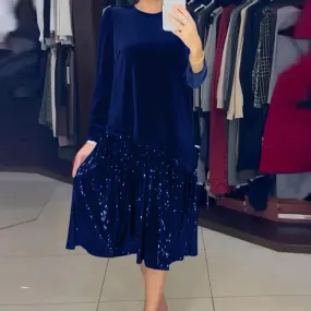 UAKISS  -  Vintage Solid O Neck Long Sleeved Women's Dress Office Elegant Loose Pullover Dress Casual Sequin Patchwork Pleated Party Dress