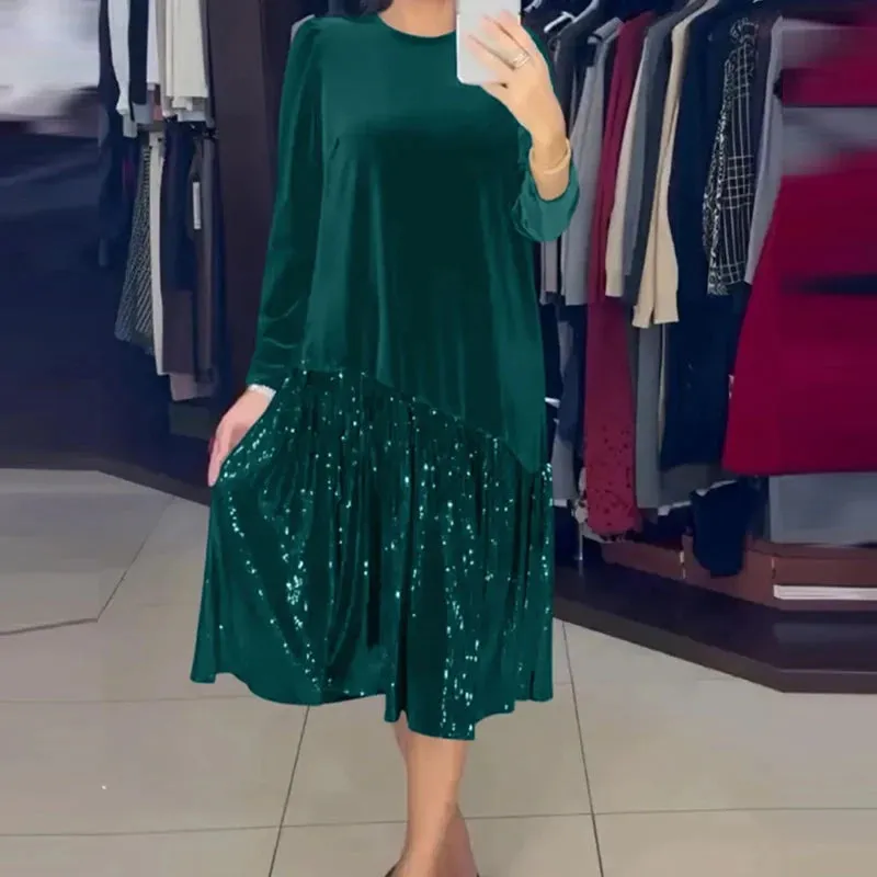 UAKISS  -  Vintage Solid O Neck Long Sleeved Women's Dress Office Elegant Loose Pullover Dress Casual Sequin Patchwork Pleated Party Dress