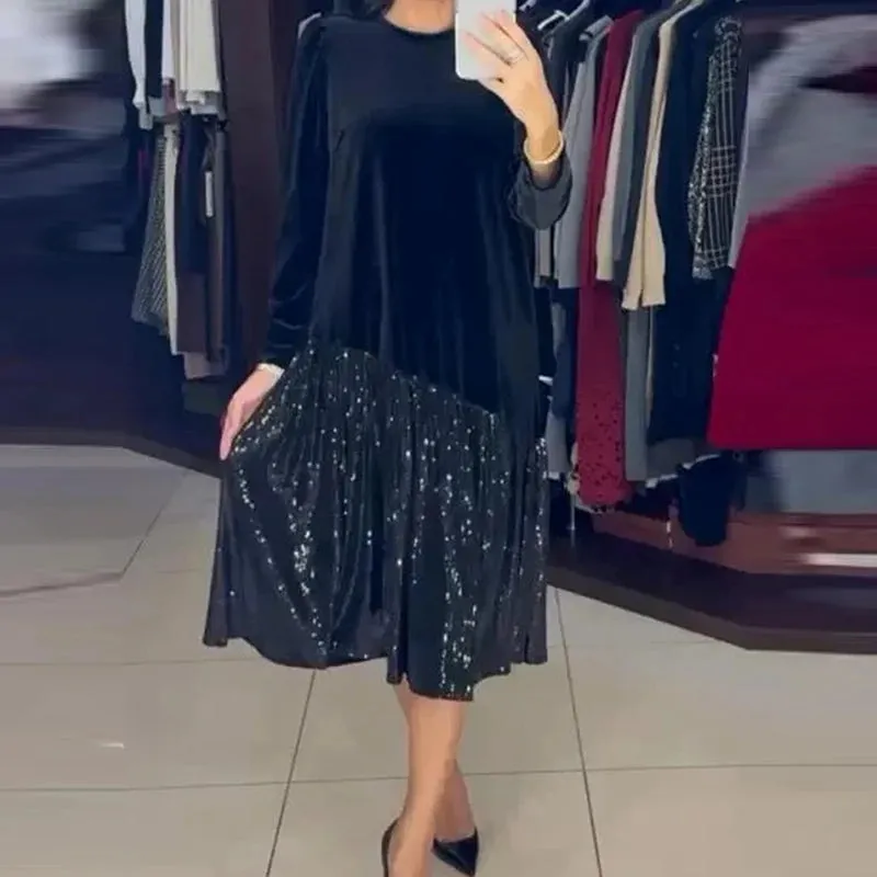 UAKISS  -  Vintage Solid O Neck Long Sleeved Women's Dress Office Elegant Loose Pullover Dress Casual Sequin Patchwork Pleated Party Dress