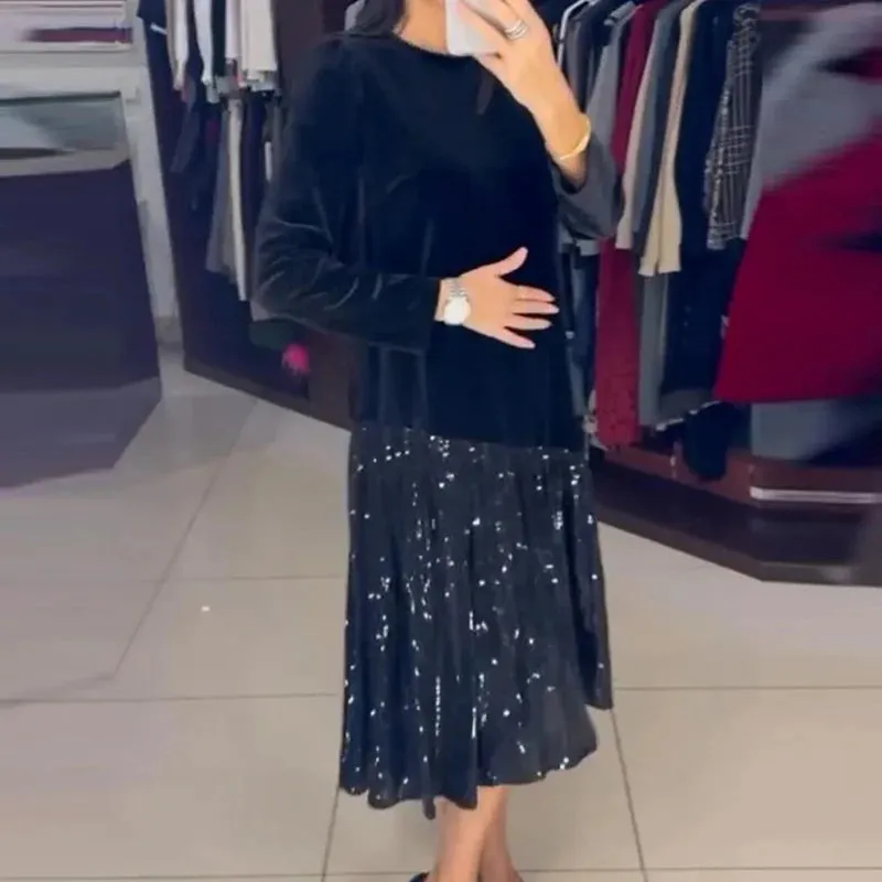 UAKISS  -  Vintage Solid O Neck Long Sleeved Women's Dress Office Elegant Loose Pullover Dress Casual Sequin Patchwork Pleated Party Dress