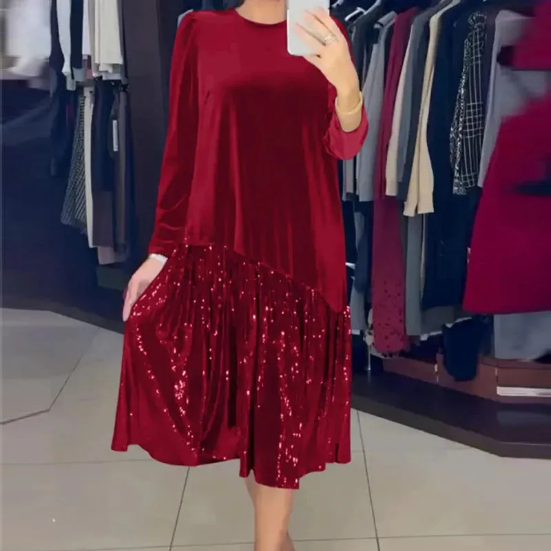 UAKISS  -  Vintage Solid O Neck Long Sleeved Women's Dress Office Elegant Loose Pullover Dress Casual Sequin Patchwork Pleated Party Dress