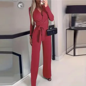 UAKISS  -  Vintage V Neck Tie Up Autumn Jumpsuit Casual Women's Long Sleeved Solid Color Commuting Playsuit Casual Street Straight Romper